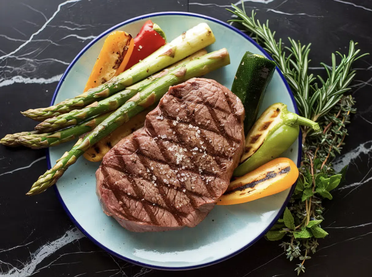 Bord met entrecote met gegrilde groente.